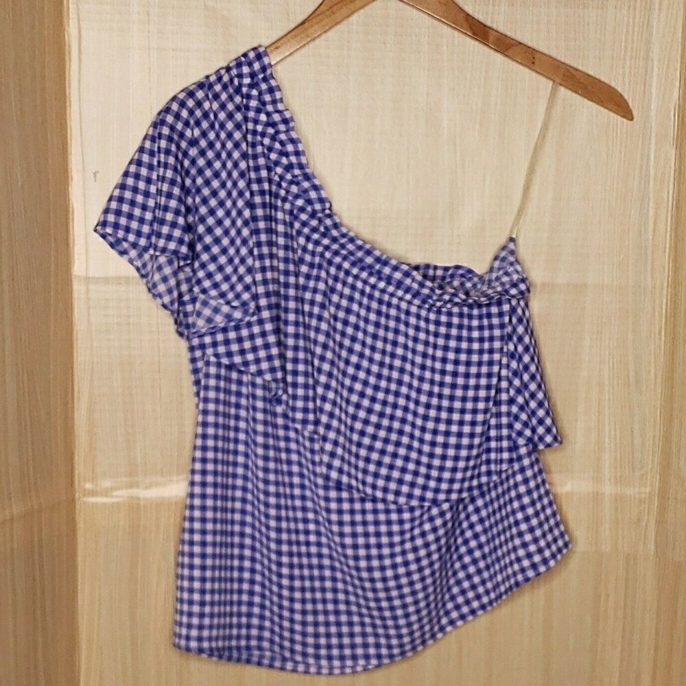 BP Womens Blue White Gingham Check One Sholder Blouse Small
